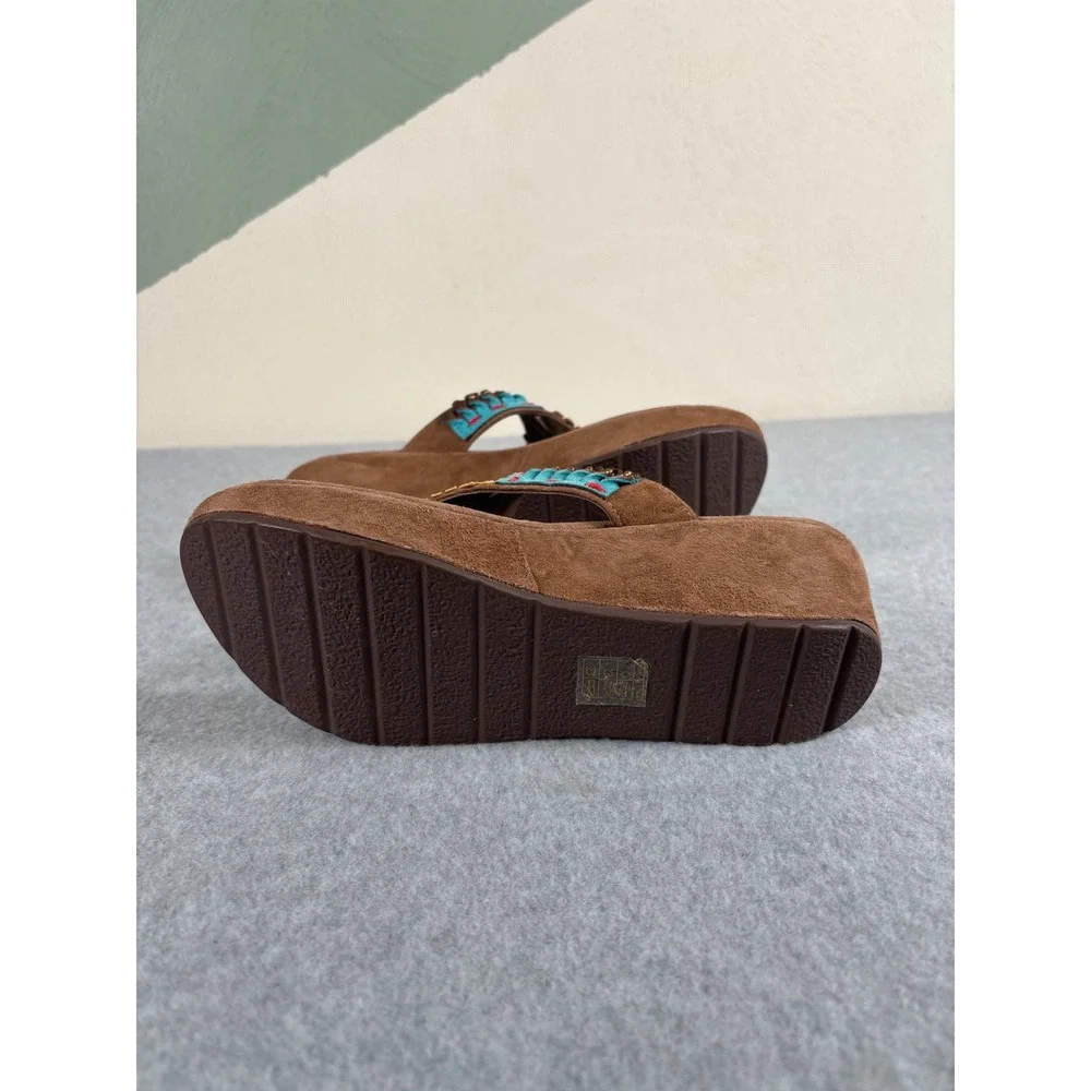 Azura Women Size 38 Brown Suede Colorful Embroidered Boho Wedge Platform Sandals